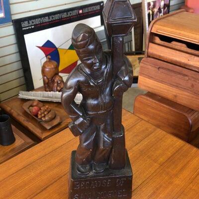 Vintage San Miguel beer advertisement wood sculpture