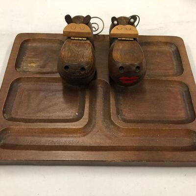 Vintage teak desk organizer with Hippos
