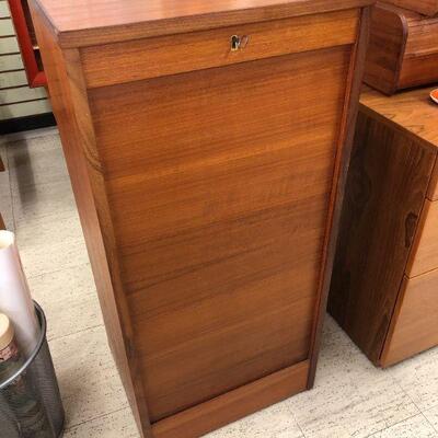 Vintage teak tambour door filing cabinet