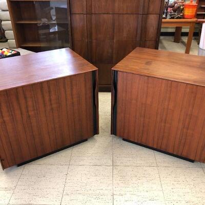 Mid Century walnut side tables with curved pulls, pullout table, magazine rack and shelf