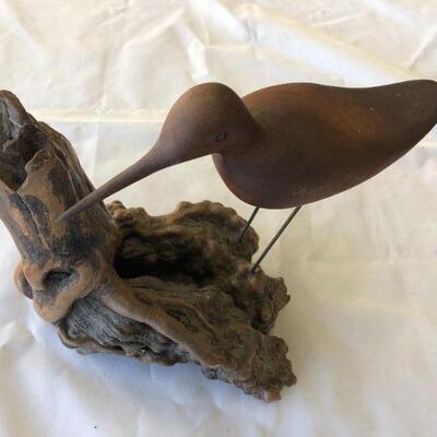 Vintage Bruce Stamp signed wood bird on burl root