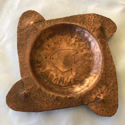 Vintage hand hammered copper valet with fish