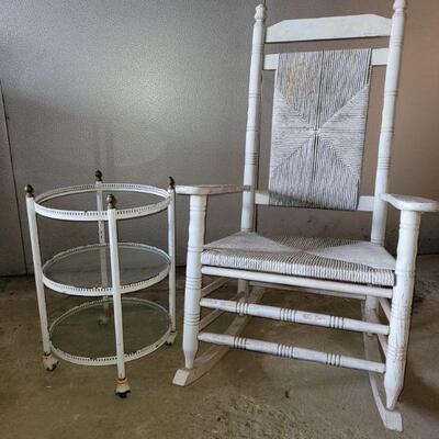 Rustic Rocker. https://ctbids.com/#!/description/share/675676 Solid wood rocking chair with aged white paint. Metal side table on wheels....