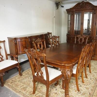 1012	BROYHILL 11 PIECE DINIING RROM SET, MIRROR BACK BEVELED GLASS CHINA CABINET, SERVER, TABLE W/2 LEAVES & 8 CHAIRS, SOME STAINING ON...