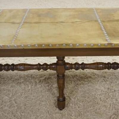 1011	COFFEE TABLE W/WALNUT BASE & BRASS TOP WITH ACCENT TACKING, 47 IN WIDE X 20 IN DEEP X 18 IN HIGH	50	100	25	PLEASE PAY ATTENTION FOR...