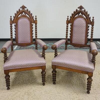 1007	PAIR OF VICTORIAN GOTHIC STYLE CARVED WALNUT CHAIRS W/TURNED LEGS & UNUSUAL TURNED BALL HAND RESTS	100	200	75	PLEASE PAY ATTENTION...