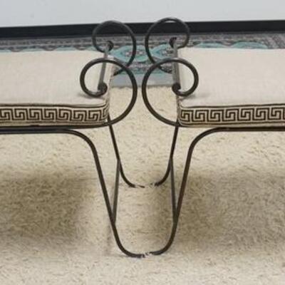 1018	2 WROUGHT IRON BENCHES W/GREEK KEY PATTERN UPHOLSTERY CUSHIONS, 36 IN WIDE X 17 IN DEEP X 27 IN HIGH	150	300	75	PLEASE PAY ATTENTION...