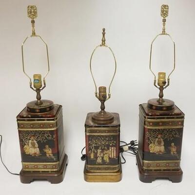 1157	GROUP OF 3 ASIAN DECORATED TEA CADDY TABLE LAMPS ON WALNUT BASES, TALLEST IS 29 IN HIGH	75	150	50	PLEASE PAY ATTENTION FOR DAILY...