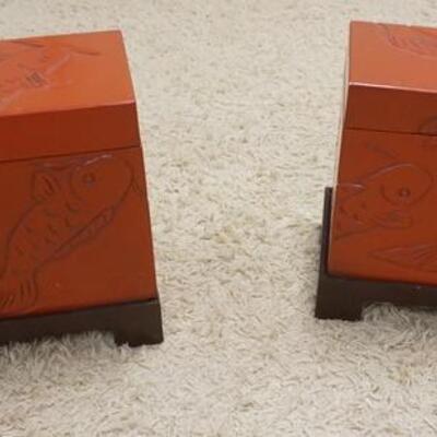 1049	PAIR OF ASIAN COVERED BOXES ON STANDS W/CARVINGS OF KOI FISH, 18 IN WIDE X 11 IN DEEP X 17 1/2 IN HIGH	200	400	50	PLEASE PAY...