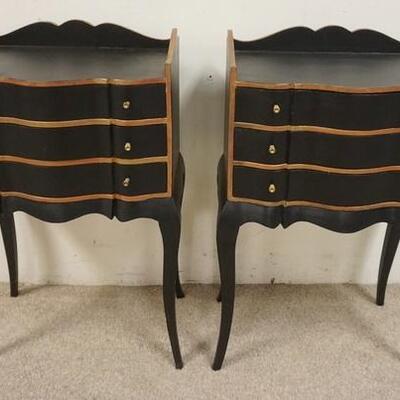 1031	PAIR OF EBONIZED 3 DRAWER NARROW FRENCH PROVINCIAL BEDSIDE STANDS, 18 1/2 IN WIDE X 11 IN DEEP X 28 1/2 IN HIGH	200	400	100	PLEASE...