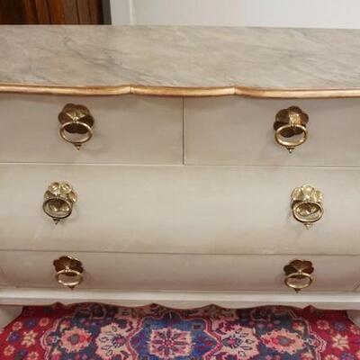 1017	4 DRAWER FAUX MARBLE TOP PAINTED BOMBE STYLE CHEST W/GILT EDGE TOP, 45 IN WIDE X 18 IN DEEP X 30 IN HIGH	200	400	100	PLEASE PAY...