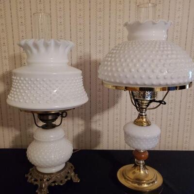 https://ctbids.com/#!/description/share/682534 Pair of 2 milkglass hurricane lamps. Brass base measurements 7