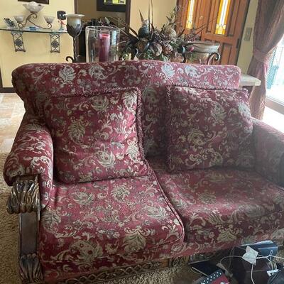 Upholstered Loveseat beautiful intricate carved wooden frame needs 2 b Re stuffed but a deal @  $20