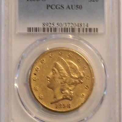 1858s Gold Twenty Dollar Double Eagle - AU 50 - 846,710 Mintage