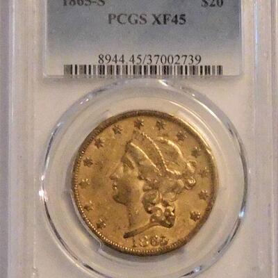 1865s Gold Twenty Dollar Double Eagle - XF 45 - 1,042,500 Mintage