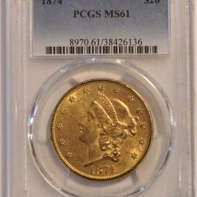 1874 Gold Twenty Dollar Double Eagle - MS 61 - 366,780 Mintage