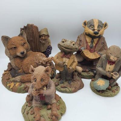 Five adorable figures made of resin, crushed pecan shells and wood chips. Largest one is fox with gnome measuring 9