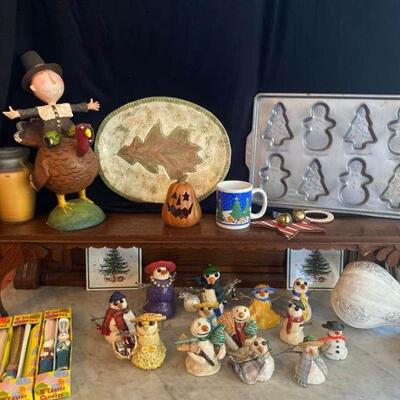 Mystery Holiday Lot includes a Snowman Collection, Bunny Candles, Pilgrim Boy Riding a Turkey 16'' tall. Fall Platter 13''x 11'', 2...
