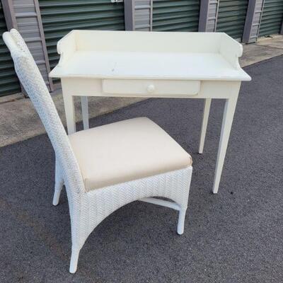 https://ctbids.com/#!/description/share/687787 Lexington White Desk With Wicker Chair. White Lexington desk is painted to look aged. Its...