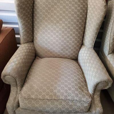 https://ctbids.com/#!/description/share/687795 Nice upholstered wingback chair by Rowe Furniture. Queen Anne style legs, green and beige...