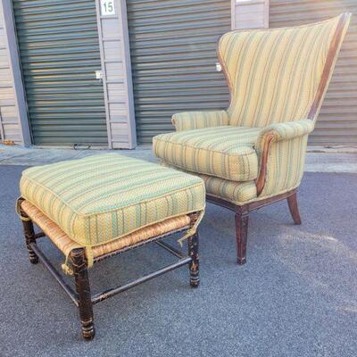 https://ctbids.com/#!/description/share/687796 Antique style wingback chair and a wicker stool with matching cushion. This set is very...