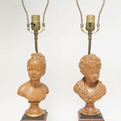 1010	PAIR OF VICTORIAN LAMPS W/ BUSTS OF A BOY & GIRL. 28 1/4 IN H 

