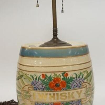 1006	HAND PAINTED WHISKEY KEG LAMP 23 3/4 IN H 
