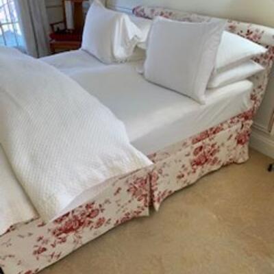 Custom upholstered bed.  Mattress for sale too!