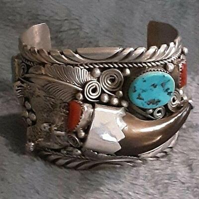 American Indian Navajo intricate embossed sterling silver cuff bracelet with turquoise and cabochon stones and claw