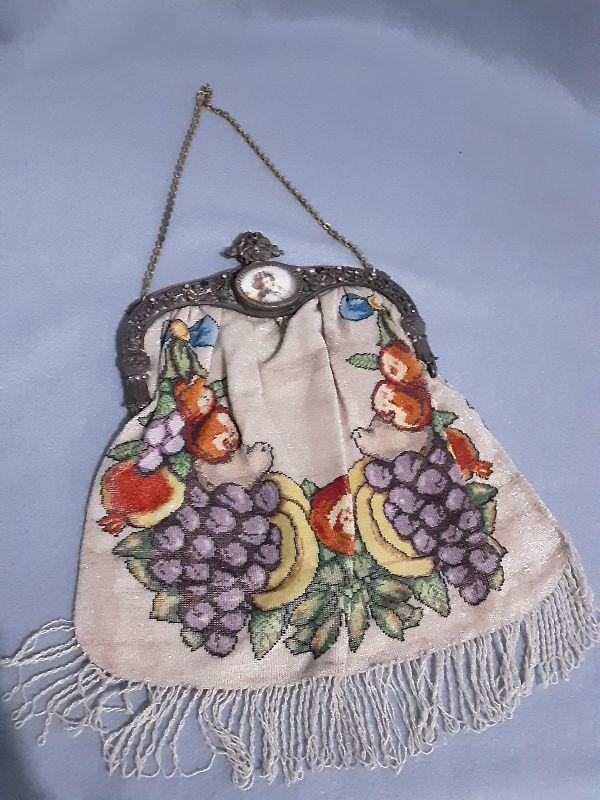 Large Antique Fruit Beaded Bag Purse w/ Painted Portrait