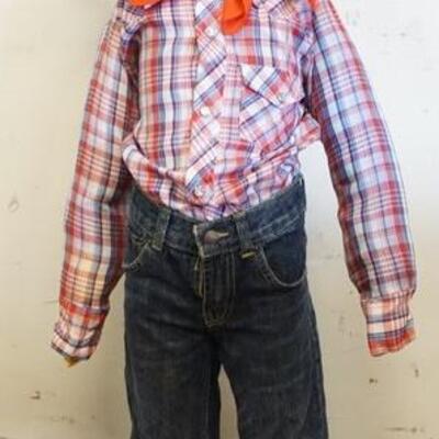 1189	YOUNG BOY MANNEQUIN CLOTHED WITH RED TAB LEVIS, STIR-UPS WESTERN SHIRT, BANDANNA AND J HAT AMERICAN COLLECTIONS HAT WITH HORSE...