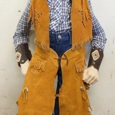 1176	BOY MANNEQUIN DRESSED IN VINTAGE WRANGLE JEANS, CHAPS AND VEST MARKED USA, VINTAGE JC PENNY WESTER SHIRT, BANDANNA, DECORATED ARM...