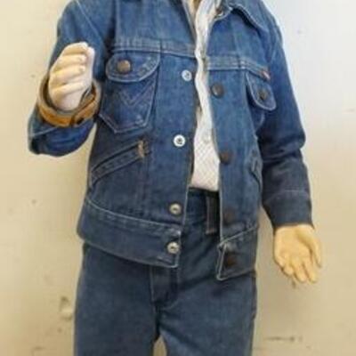 1182	YOUNG BOY MANNEQUIN WITH VINTAGE WRANGLER JEANS AND JACKET, MILLER WETERN WEAR SHIRT, WESTERRN BOOTS, BRACELET AND SILVER CANYON...