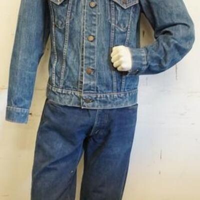 1184	MALE MANNEQUIN CLOTHED WITH SELVEDGE BIG E JEANS, VINTAGE LEVI  BIG E JEAN JACKET AND VINTAGE LEVI WILDFIRE SPORTSWEAR SHIRT....