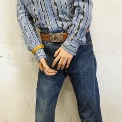 1178	MALE MANNEQUIN CLOTHED IN VINTAGE SELVEDGE JEANS, LEATHER BELT AND VINTAGE WRANGLER WESTERN SHIRT. MANNEQUIN IS APPROXIMATELY 66 IN...