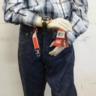 1174	BOY MANNEQUIN CLOTHED WITH VINTAGE SELVEDGE LEVI JEANS WITH BIG E, NEW LEVI WESTERN SHIRT WITH TAGS, SKNEI WATCH AND KEY CHAIN....