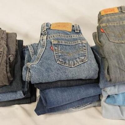 1157	LOT OF 15 PAIRS OF LEVIS JEANS, VARIOUS YOUTH SIZES. VARYING DEGREES OF WARE 
