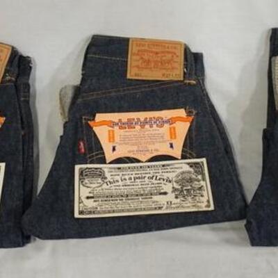 1040	LOT OF THREE PAIRS OF VINTAGE LEVI STRAUSS & COMPANY 501 SELVEDGE JEANS W/ BIG E & ORINGAL TAGS. SIZES ARE W 27 X L 30, W 27 X L 27,...