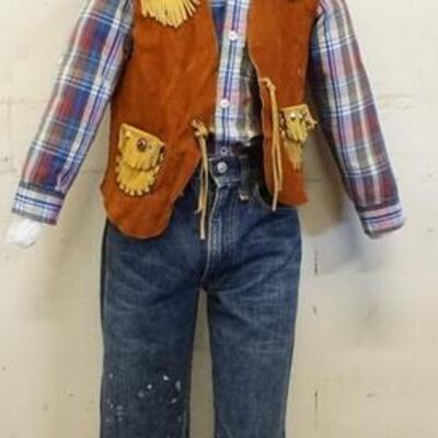 1179	YOUNG BOY MANNEQUIN CLOTHED VINTAGE SELVEDGE BIG E JEANS, DECORATED VEST, LEVIS WESTERN SHIRT, BANDANNA AND TWISTER BAILEY WEST HAT....