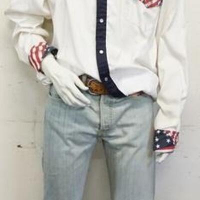 1175	MALE MANNEQUIN CLOTHED WITH LEVI JEANS AND VINTAGE WILD WEST DESIGN SHIRT MADE IN TEXAS, LEATHER BELT. MANNEQUIN IS APPROXIMATELY 72...