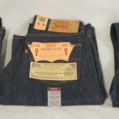 1144	LOT OF THREE PAIRS OF VINTAGE LEVI 501 W/ TAGS; SIZE W 32 X L 32 MADE IN MEXICO, W 29 X L 38 MADE IN USA & W 31 X L 40 MADE IN USA

