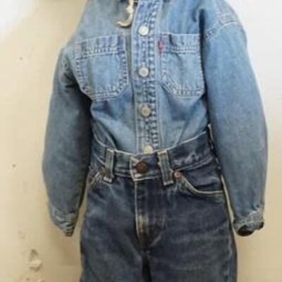 1188	YOUNG BOY MANNEQUIN CLOTHED WITH HIGH SIERRA JEANS, VINTAGE LEVI SHIRT AND NEWARK FELT NOVELTY WESTERN HAT. MANNEQUIN HAS NO ARMS...