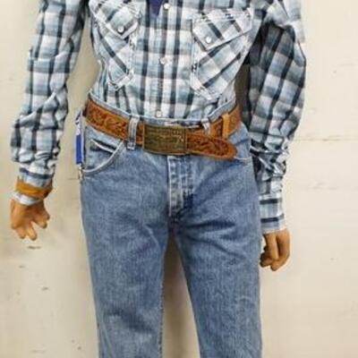 1172	MALE TEEN MANNEQUIN CLOTHED WITH VINTAGE  CLOTHING INCLUDING VINTAGE WRANGLER JEANS, LEATHER BRACELET AND BELT WITH LEVI STRASS AND...