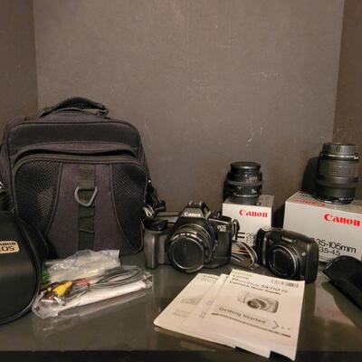 https://ctbids.com/#!/description/share/697659 This set includes two Canon cameras. EOS 650 35mm camera with a 50mm, 35mm and 28 mm...