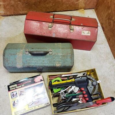 https://ctbids.com/#!/description/share/697736 Two metal tool boxes filled with tools and building supplies as well as large tray of...