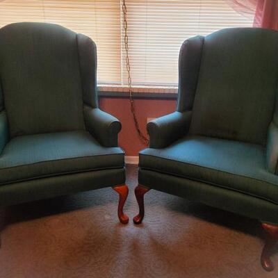 https://ctbids.com/#!/description/share/697692 Two green wingback chairs. They are still in solid condition. No scratches, just a few...