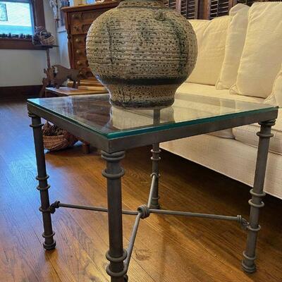 iron and glass coffee table and Dan Gauthier studio pot