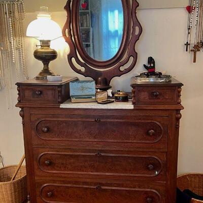 Antique Victorian Walnut Dresser w/ Mirror & Antique Converted Oil Lamp