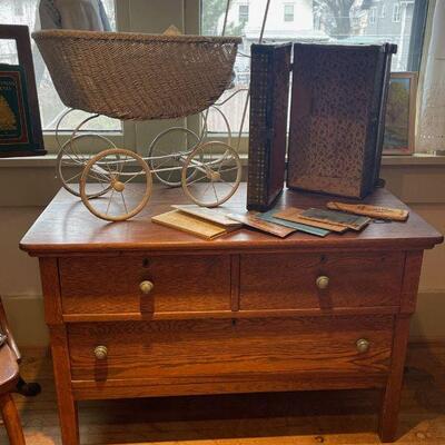 Antique Doll Carriage & Small Oak Chest