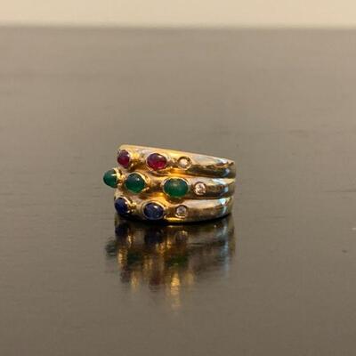 Stacked Cluster Ruby, Sapphire, Emerald and Diamond Ring in 18K Yellow Gold